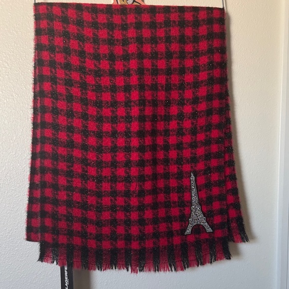 Karl Lagerfeld Red and Black ✨ glitter Scarf with Eiffel Tower Paris Design - Picture 9 of 11